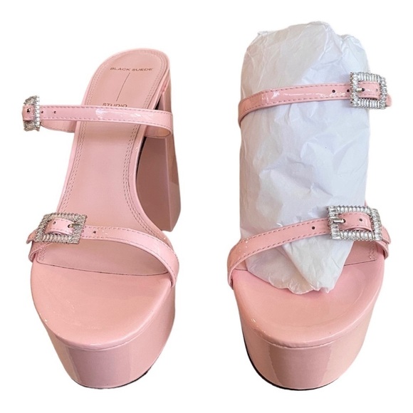 NEW Black Suede Studio Pink Patent Heels Elsie Platform Sandal Crystal Buckle 39 - Picture 7 of 11